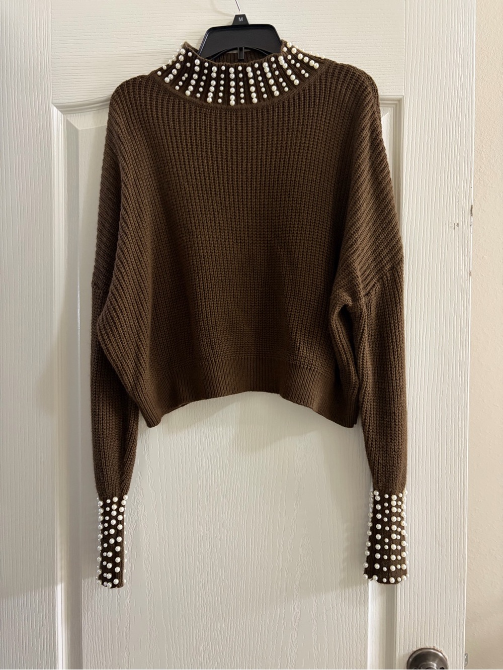 SHEIN Pearl Embellished Mock Neck Sweater Brown Large